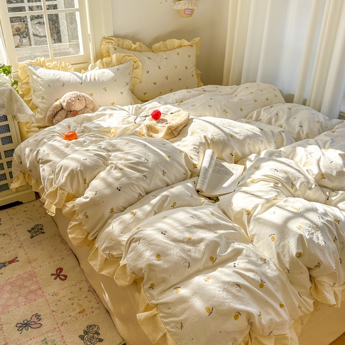 91家纺网 家纺一手货源 找家纺 柒月家居 2026新款韩系仿棉小格花边四件套 小柠檬