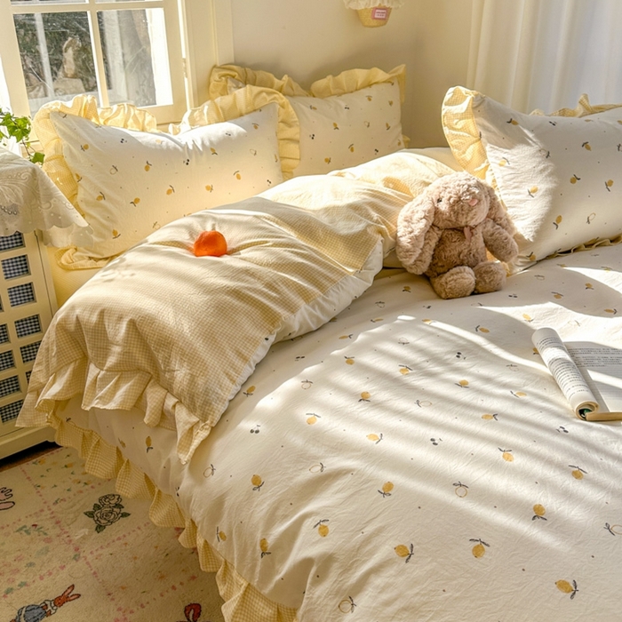 91家纺网 家纺一手货源 找家纺 柒月家居 2026新款韩系仿棉小格花边四件套 小柠檬