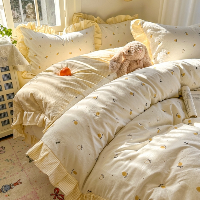 91家纺网 家纺一手货源 找家纺 柒月家居 2026新款韩系仿棉小格花边四件套 小柠檬