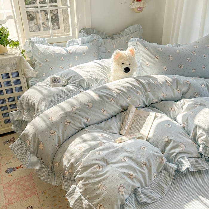 91家纺网 家纺一手货源 找家纺 柒月家居 2026新款韩系仿棉小格花边四件套 心愿狗