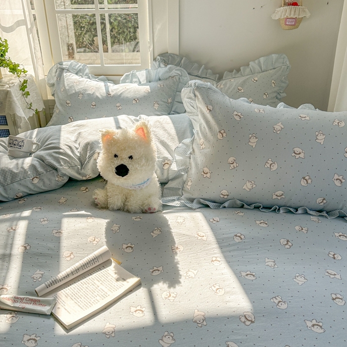 91家纺网 家纺一手货源 找家纺 柒月家居 2026新款韩系仿棉小格花边四件套 心愿狗