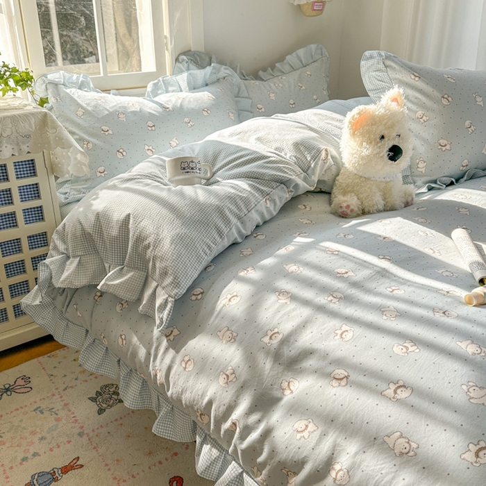 91家纺网 家纺一手货源 找家纺 柒月家居 2026新款韩系仿棉小格花边四件套 心愿狗