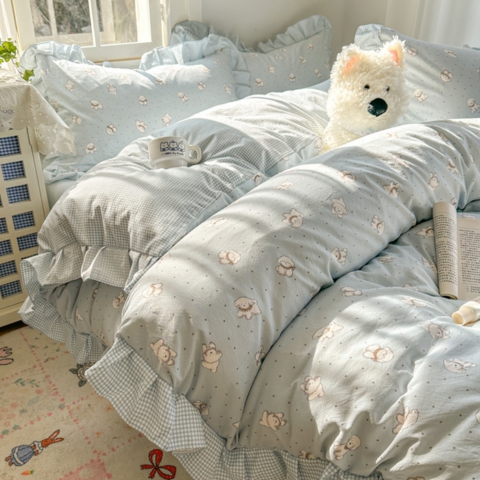 91家纺网 家纺一手货源 找家纺 柒月家居 2026新款韩系仿棉小格花边四件套 心愿狗