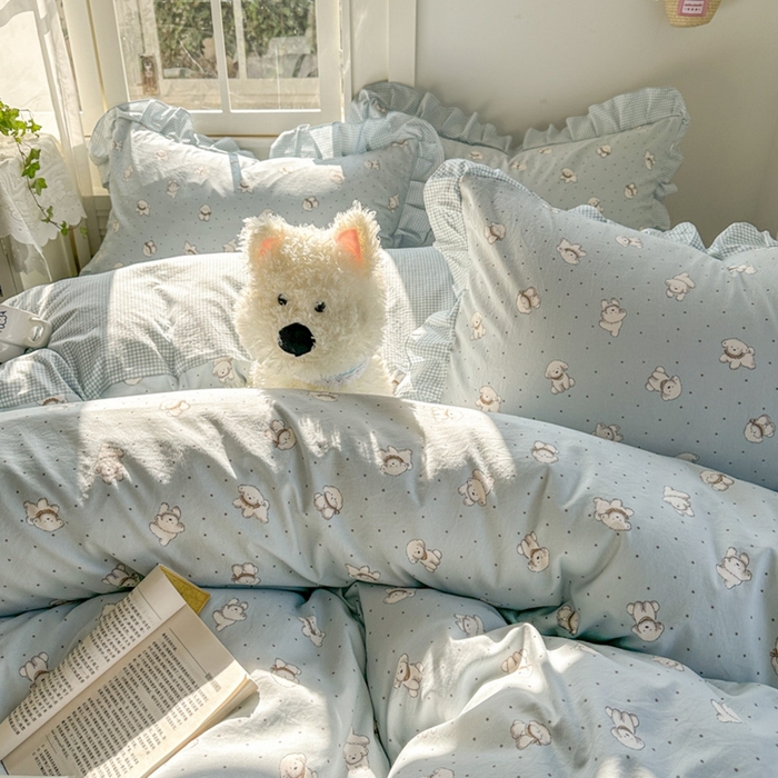 91家纺网 家纺一手货源 找家纺 柒月家居 2026新款韩系仿棉小格花边四件套 心愿狗