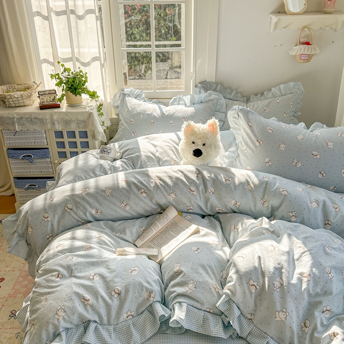 91家纺网 家纺一手货源 找家纺 柒月家居 2026新款韩系仿棉小格花边四件套 心愿狗