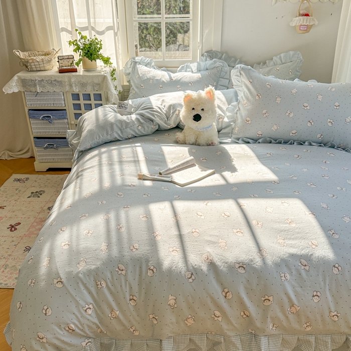 91家纺网 家纺一手货源 找家纺 柒月家居 2026新款韩系仿棉小格花边四件套 心愿狗