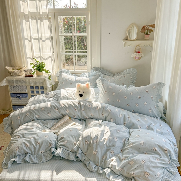 91家纺网 家纺一手货源 找家纺 柒月家居 2026新款韩系仿棉小格花边四件套 心愿狗