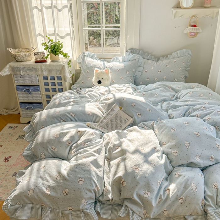 91家纺网 家纺一手货源 找家纺 柒月家居 2026新款韩系仿棉小格花边四件套 心愿狗