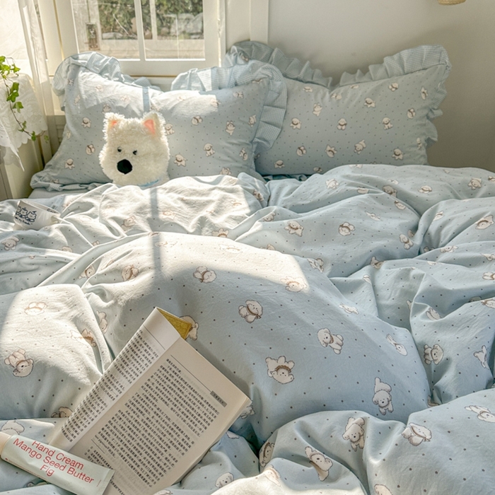 91家纺网 家纺一手货源 找家纺 柒月家居 2026新款韩系仿棉小格花边四件套 心愿狗