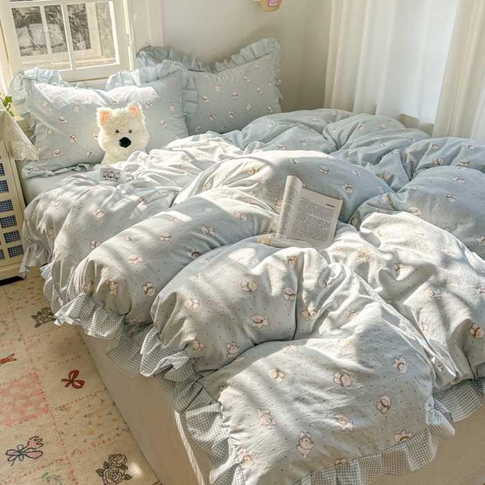 91家纺网 家纺一手货源 找家纺 柒月家居 2026新款韩系仿棉小格花边四件套 心愿狗