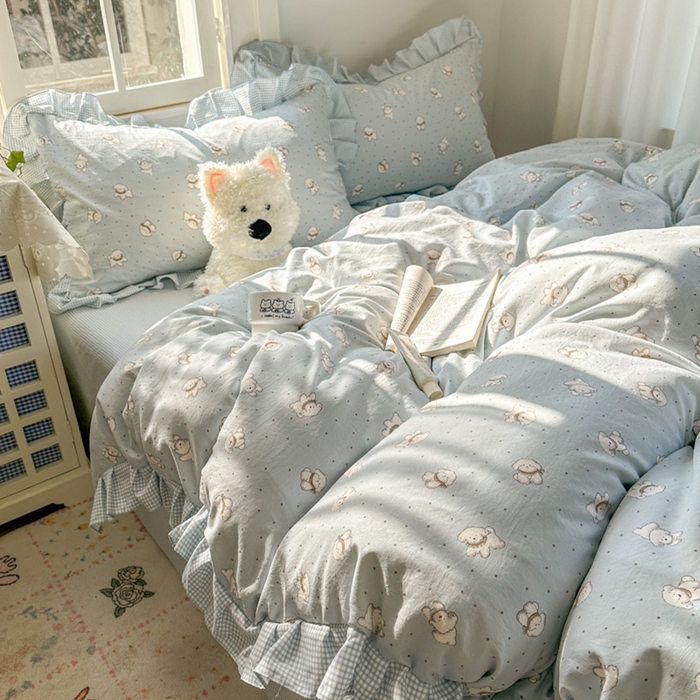 91家纺网 家纺一手货源 找家纺 柒月家居 2026新款韩系仿棉小格花边四件套 心愿狗