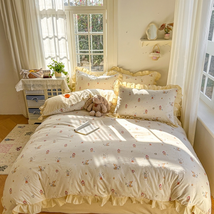 91家纺网 家纺一手货源 找家纺 柒月家居 2026新款韩系仿棉小格花边四件套 星星格