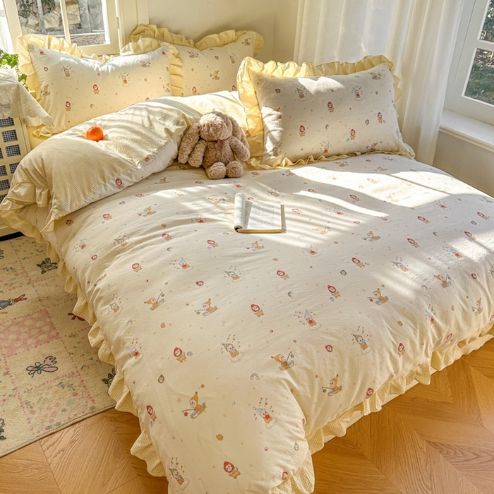 91家纺网 家纺一手货源 找家纺 柒月家居 2026新款韩系仿棉小格花边四件套 星星格