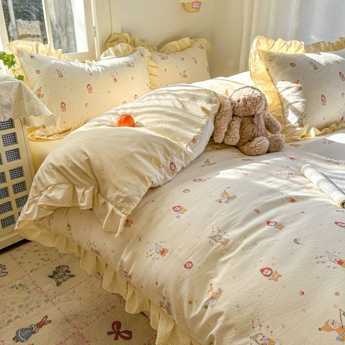 91家纺网 家纺一手货源 找家纺 柒月家居 2026新款韩系仿棉小格花边四件套 星星格