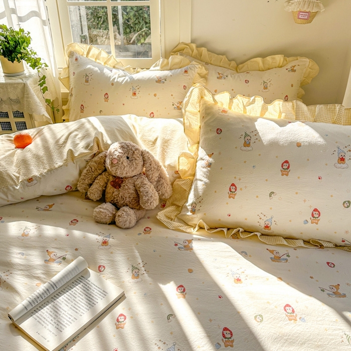 91家纺网 家纺一手货源 找家纺 柒月家居 2026新款韩系仿棉小格花边四件套 星星格