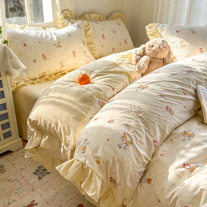 91家纺网 家纺一手货源 找家纺 柒月家居 2026新款韩系仿棉小格花边四件套 星星格