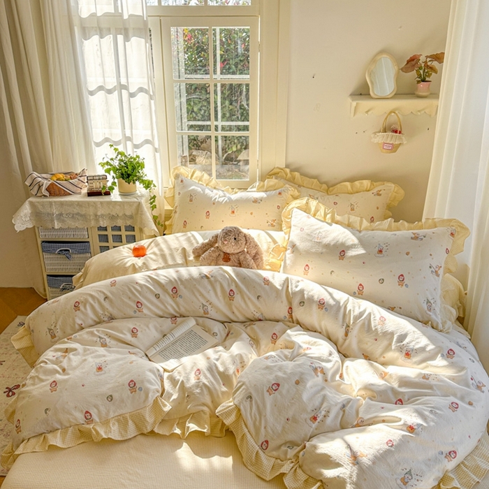 91家纺网 家纺一手货源 找家纺 柒月家居 2026新款韩系仿棉小格花边四件套 星星格