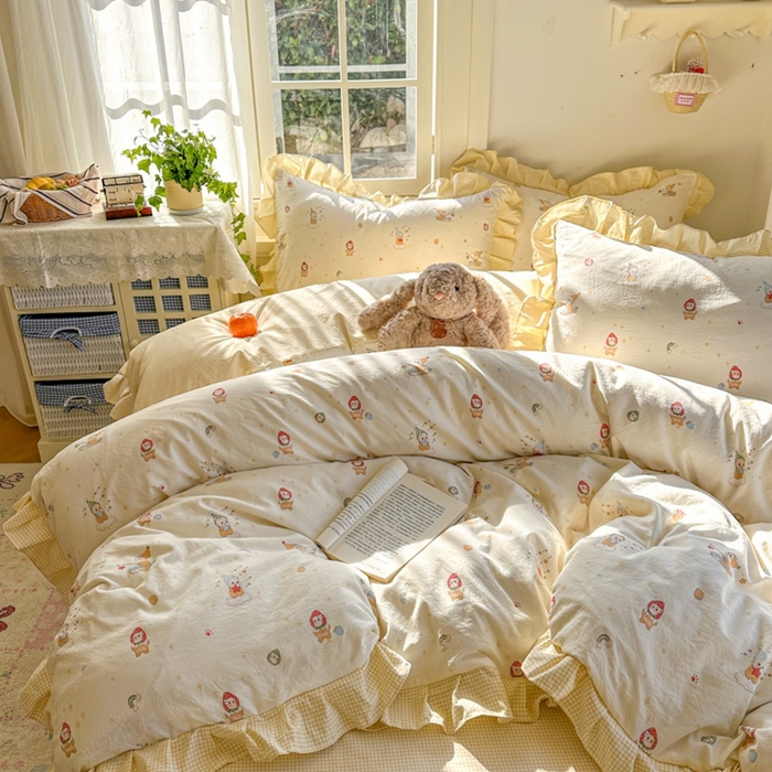 91家纺网 家纺一手货源 找家纺 柒月家居 2026新款韩系仿棉小格花边四件套 星星格