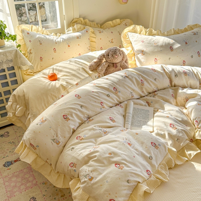 91家纺网 家纺一手货源 找家纺 柒月家居 2026新款韩系仿棉小格花边四件套 星星格