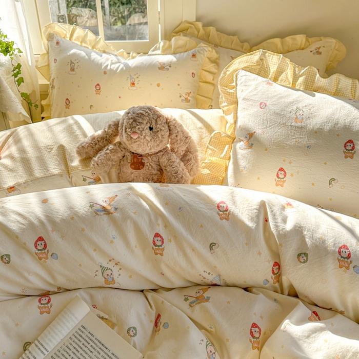 91家纺网 家纺一手货源 找家纺 柒月家居 2026新款韩系仿棉小格花边四件套 星星格