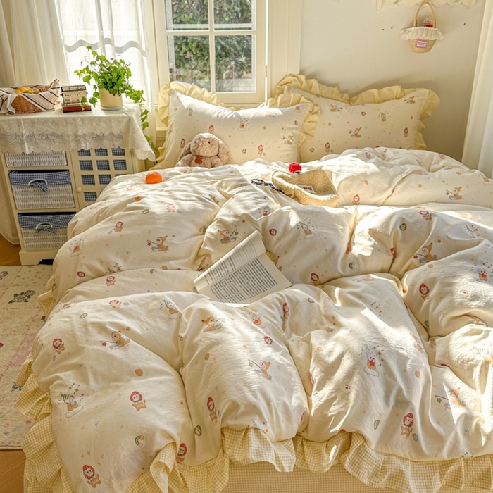 91家纺网 家纺一手货源 找家纺 柒月家居 2026新款韩系仿棉小格花边四件套 星星格