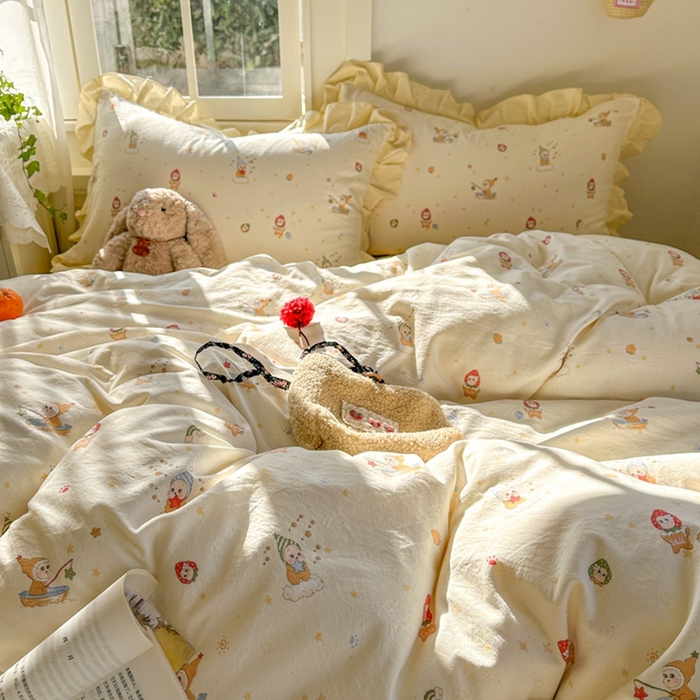 91家纺网 家纺一手货源 找家纺 柒月家居 2026新款韩系仿棉小格花边四件套 星星格