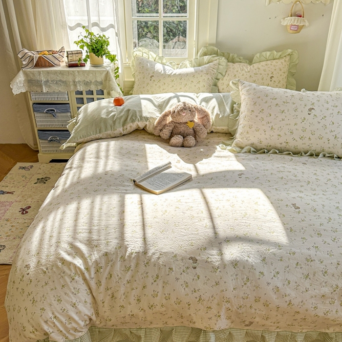 91家纺网 家纺一手货源 找家纺 柒月家居 2026新款韩系仿棉小格花边四件套 叶初开