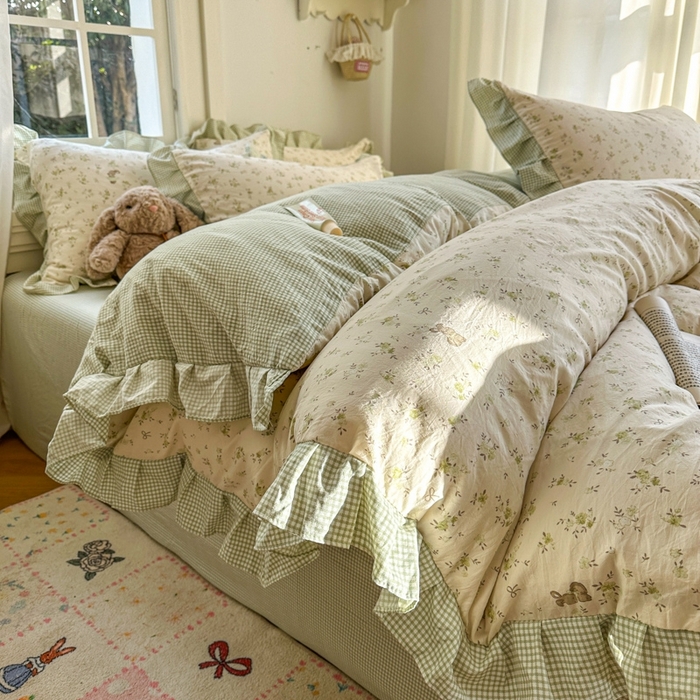 91家纺网 家纺一手货源 找家纺 柒月家居 2026新款韩系仿棉小格花边四件套 叶初开