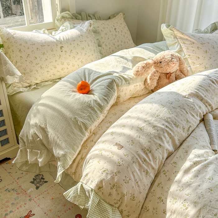 柒月家居 2026新款韩系仿棉小格花边四件套 叶初开