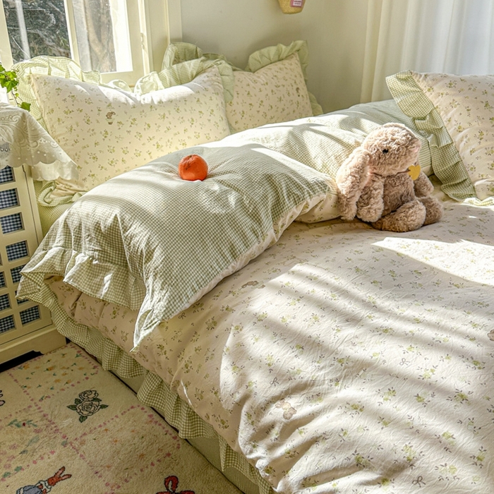 91家纺网 家纺一手货源 找家纺 柒月家居 2026新款韩系仿棉小格花边四件套 叶初开