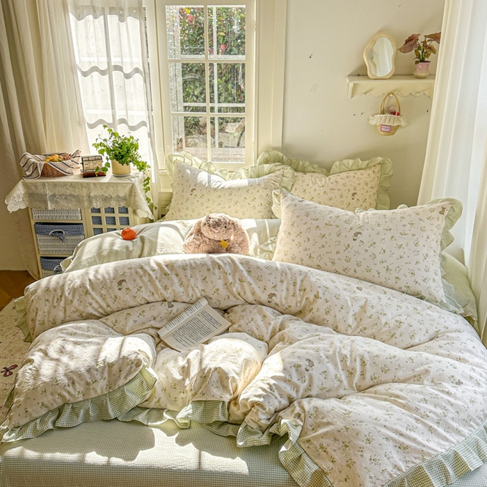 91家纺网 家纺一手货源 找家纺 柒月家居 2026新款韩系仿棉小格花边四件套 叶初开