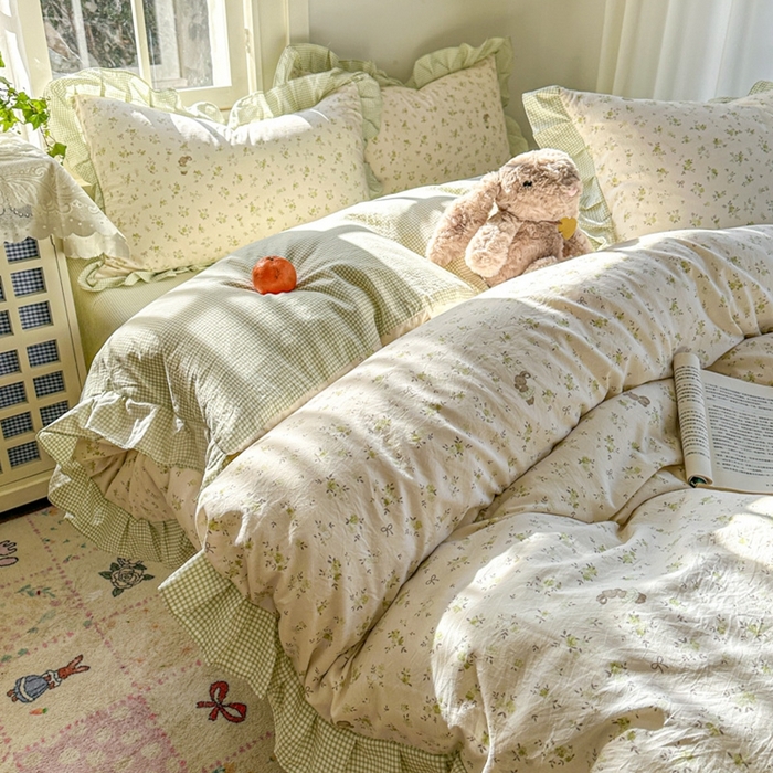 91家纺网 家纺一手货源 找家纺 柒月家居 2026新款韩系仿棉小格花边四件套 叶初开