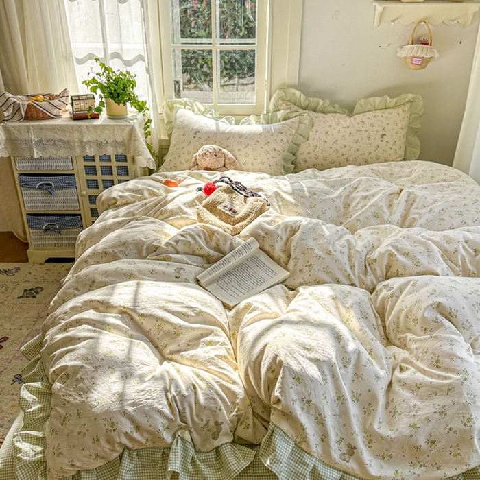 91家纺网 家纺一手货源 找家纺 柒月家居 2026新款韩系仿棉小格花边四件套 叶初开