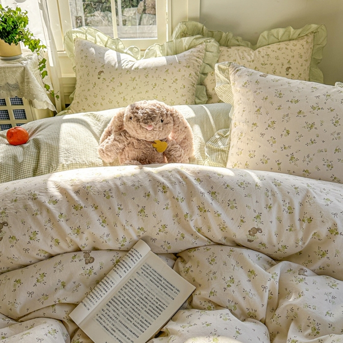 91家纺网 家纺一手货源 找家纺 柒月家居 2026新款韩系仿棉小格花边四件套 叶初开