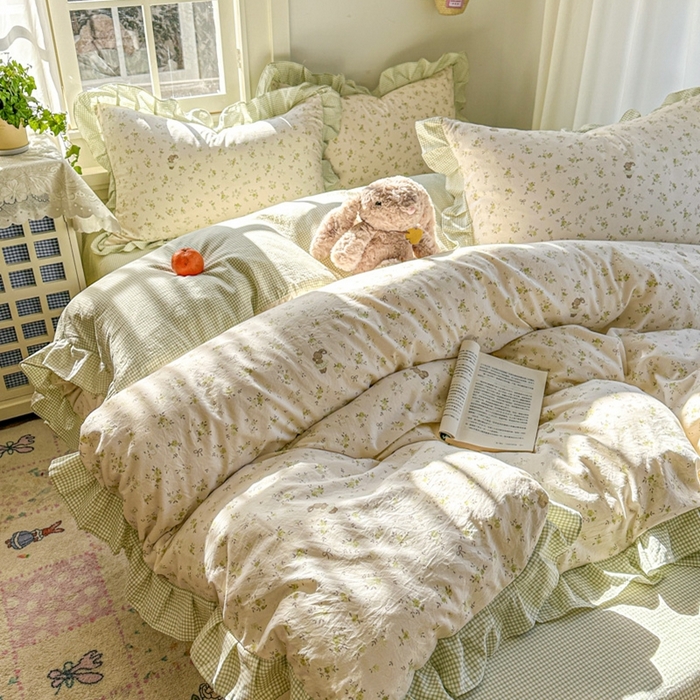 91家纺网 家纺一手货源 找家纺 柒月家居 2026新款韩系仿棉小格花边四件套 叶初开