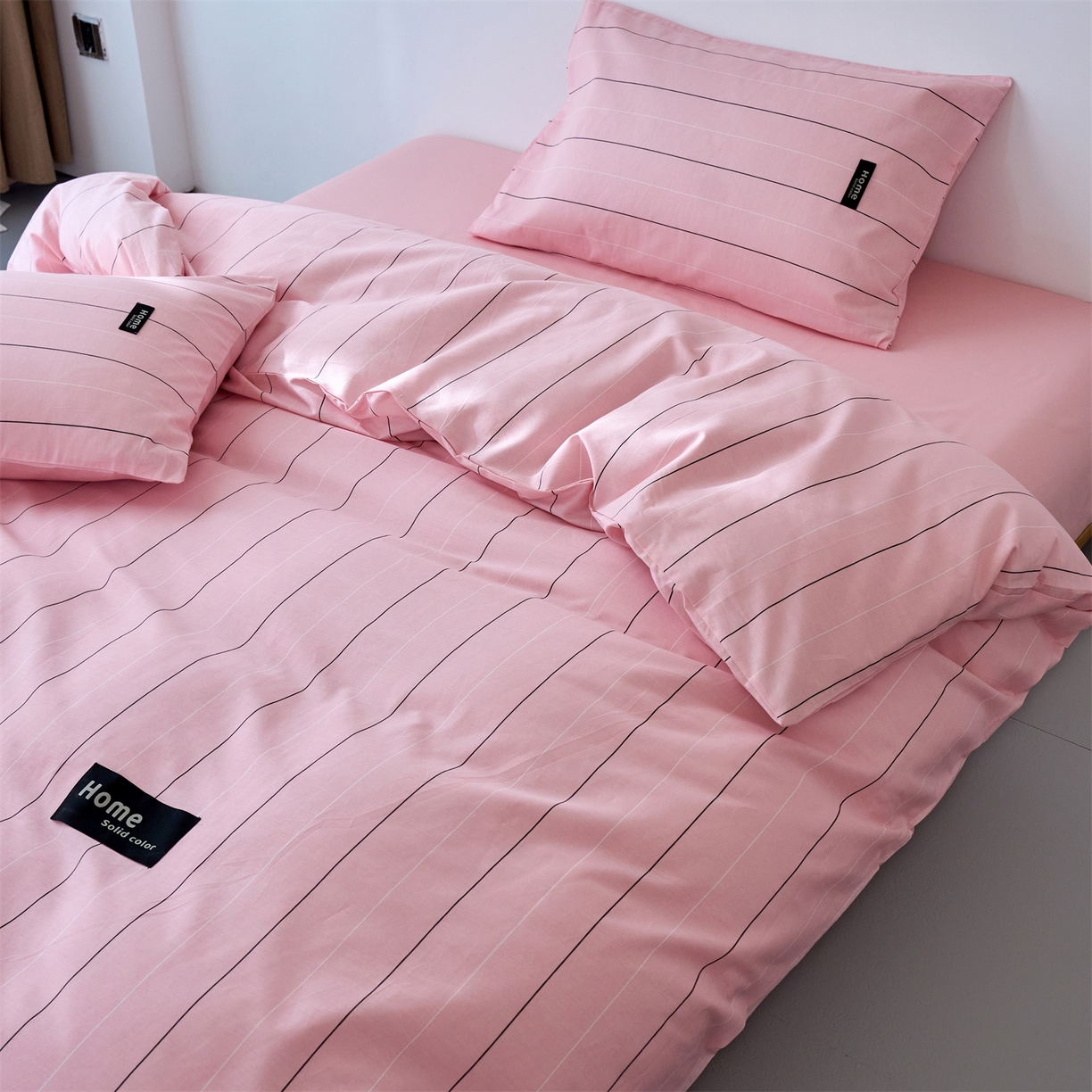 91家纺网 家纺一手货源 找家纺 兰紫橙家纺 2026新款简约风全棉条纹四件套 百薇