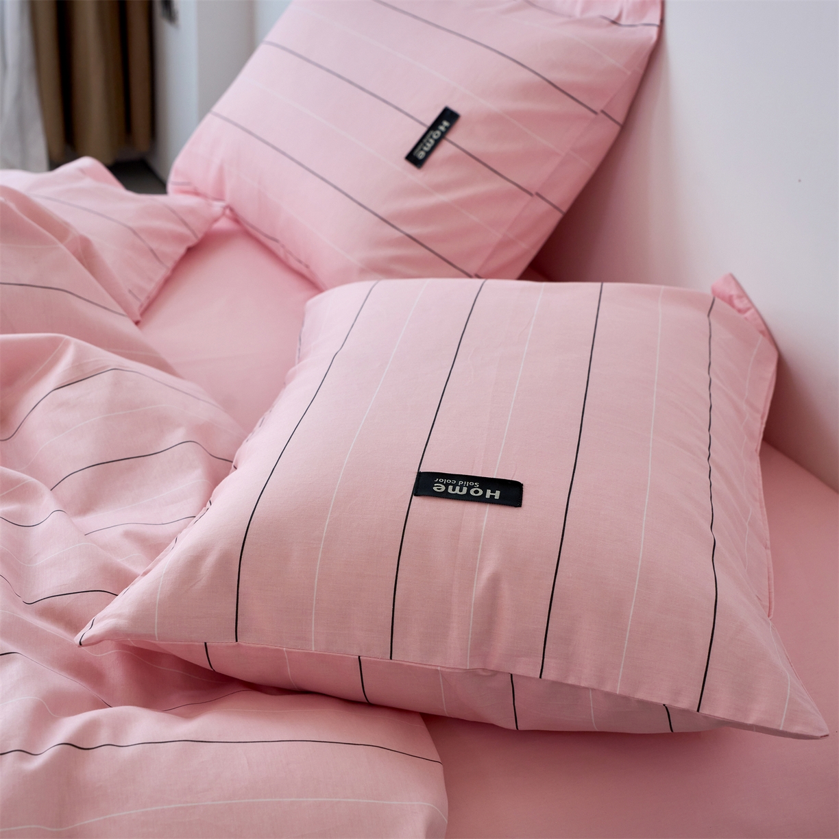 91家纺网 家纺一手货源 找家纺 兰紫橙家纺 2026新款简约风全棉条纹四件套 百薇