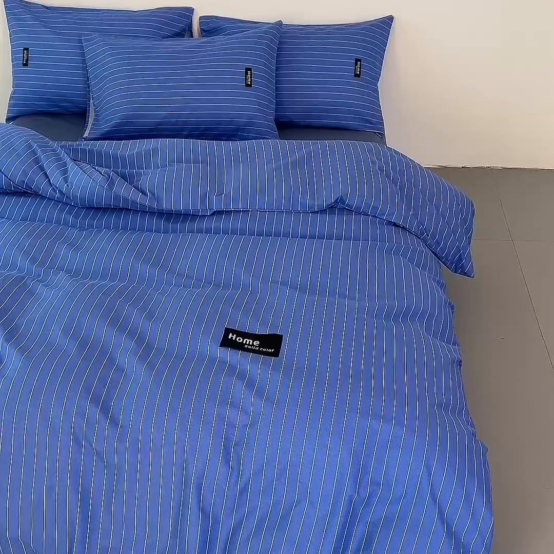 91家纺网 家纺一手货源 找家纺 兰紫橙家纺 2026新款简约风全棉条纹四件套 半夏