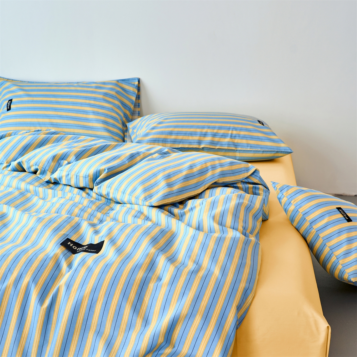 91家纺网 家纺一手货源 找家纺 兰紫橙家纺 2026新款简约风全棉条纹四件套 初夏