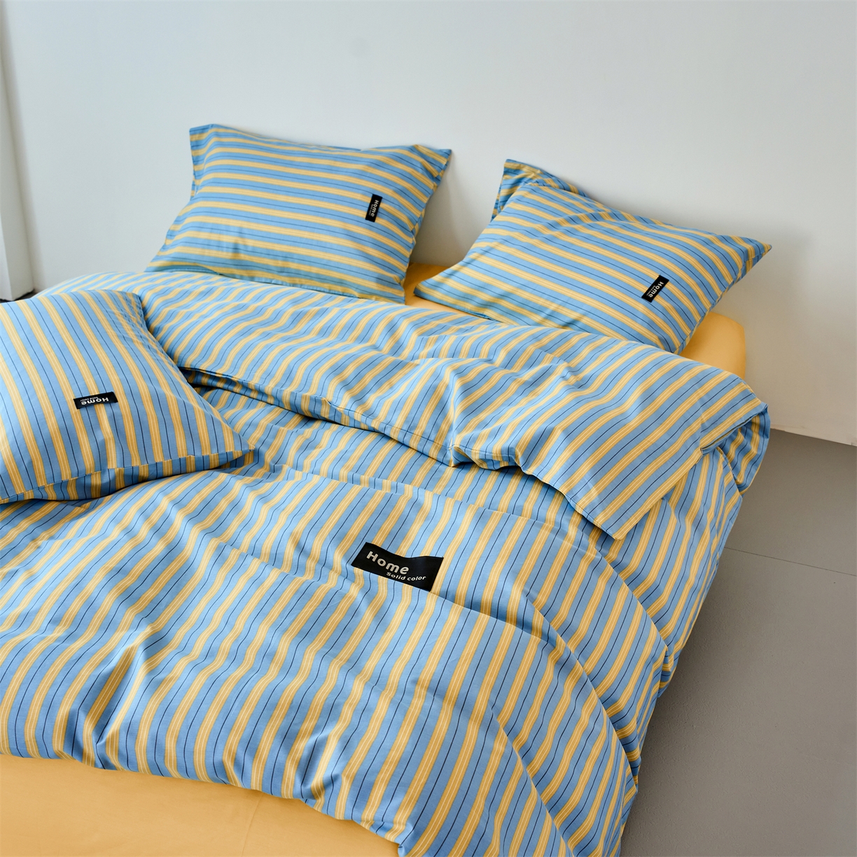 91家纺网 家纺一手货源 找家纺 兰紫橙家纺 2026新款简约风全棉条纹四件套 初夏