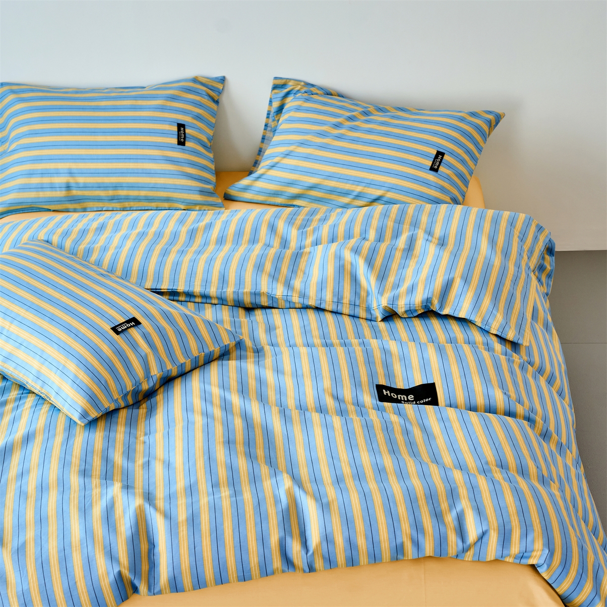 91家纺网 家纺一手货源 找家纺 兰紫橙家纺 2026新款简约风全棉条纹四件套 初夏