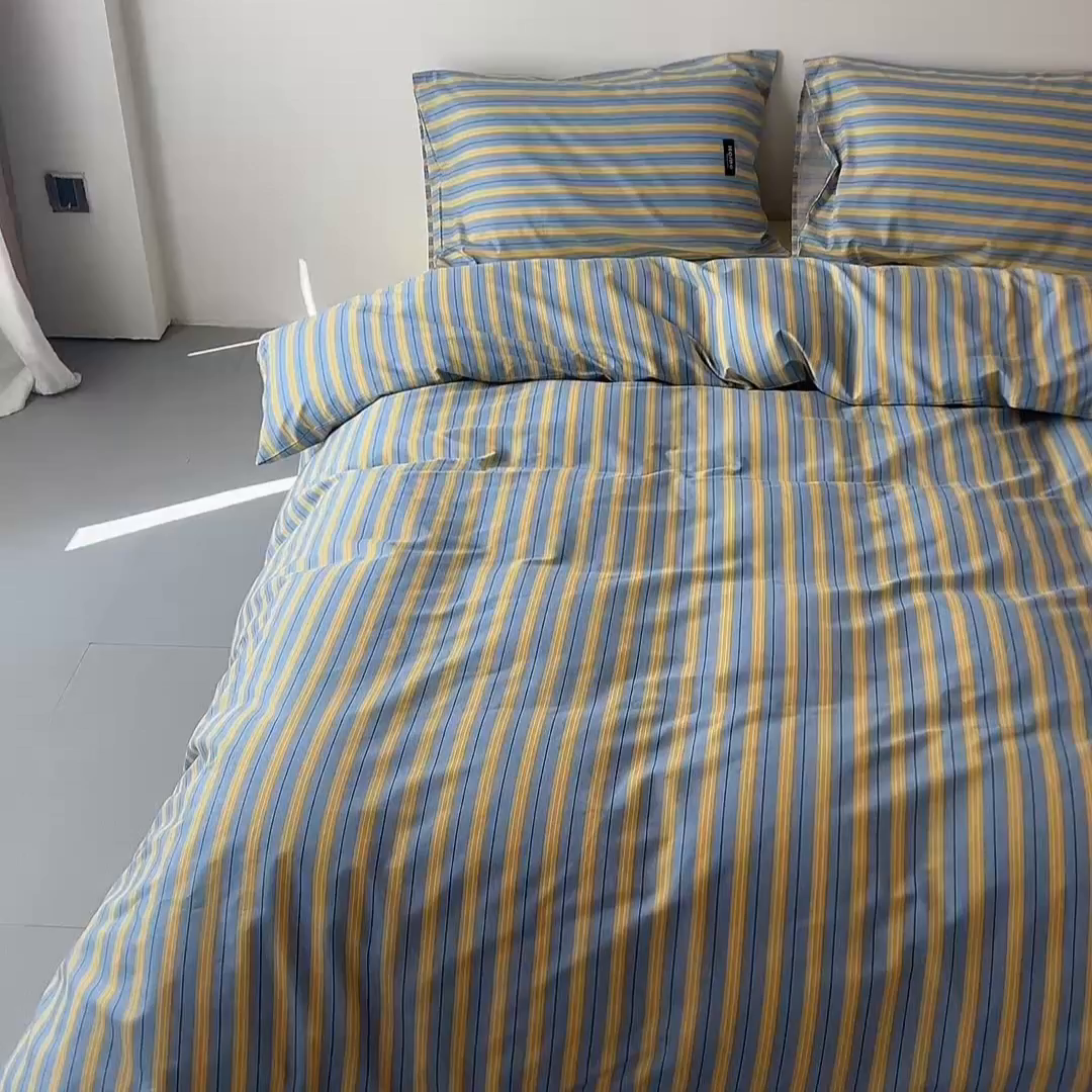 91家纺网 家纺一手货源 找家纺 兰紫橙家纺 2026新款简约风全棉条纹四件套 初夏