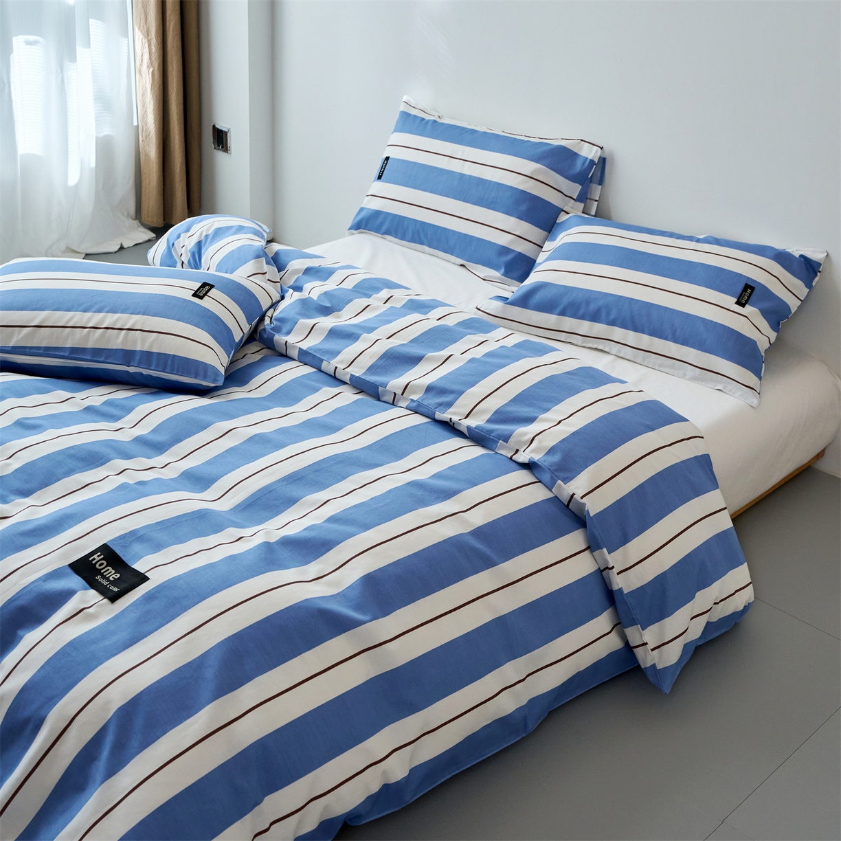 91家纺网 家纺一手货源 找家纺 兰紫橙家纺 2026新款简约风全棉条纹四件套 琥珀