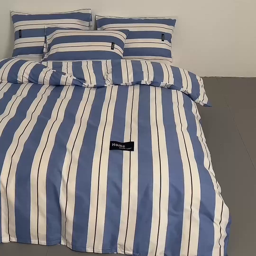 91家纺网 家纺一手货源 找家纺 兰紫橙家纺 2026新款简约风全棉条纹四件套 琥珀