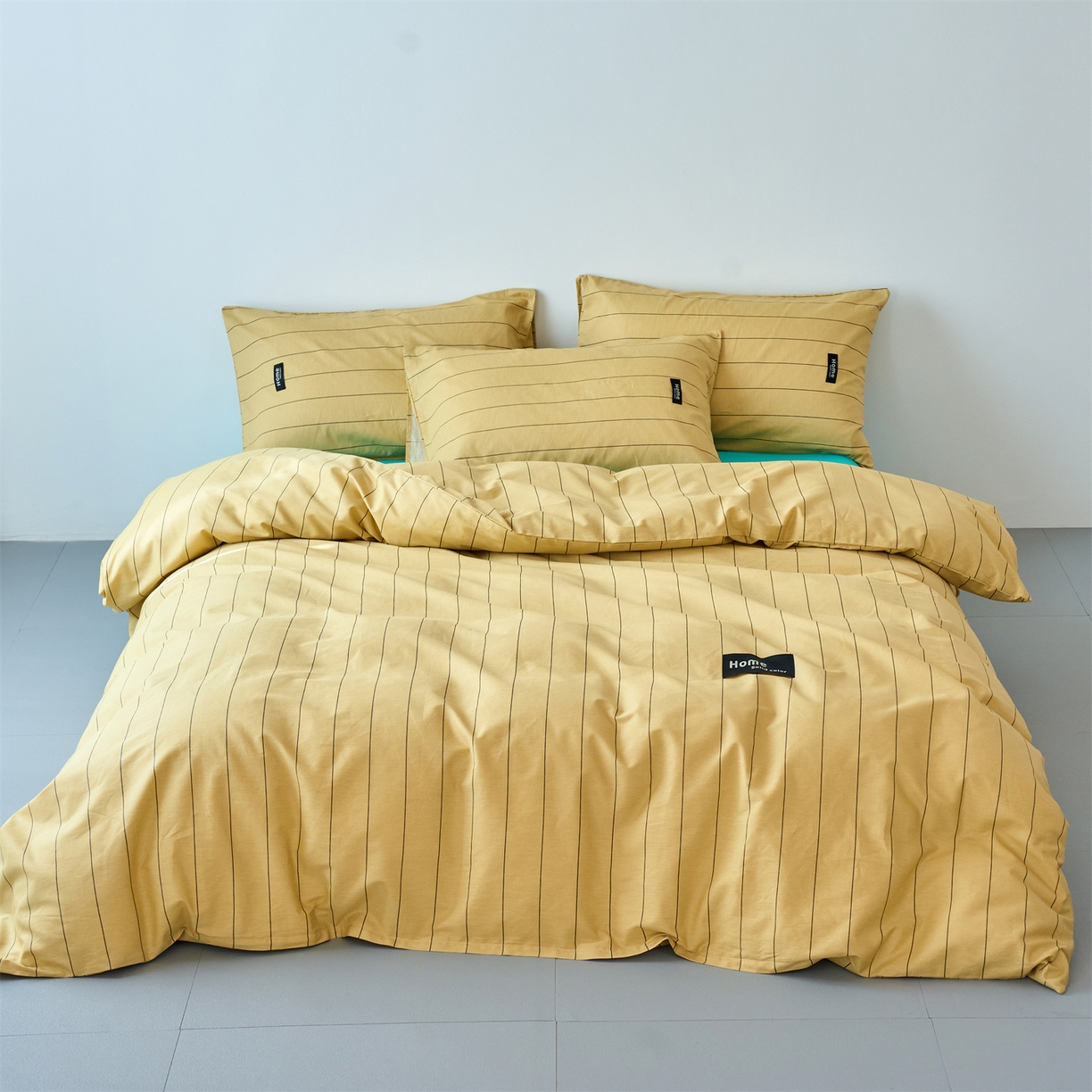 91家纺网 家纺一手货源 找家纺 兰紫橙家纺 2026新款简约风全棉条纹四件套 暖风