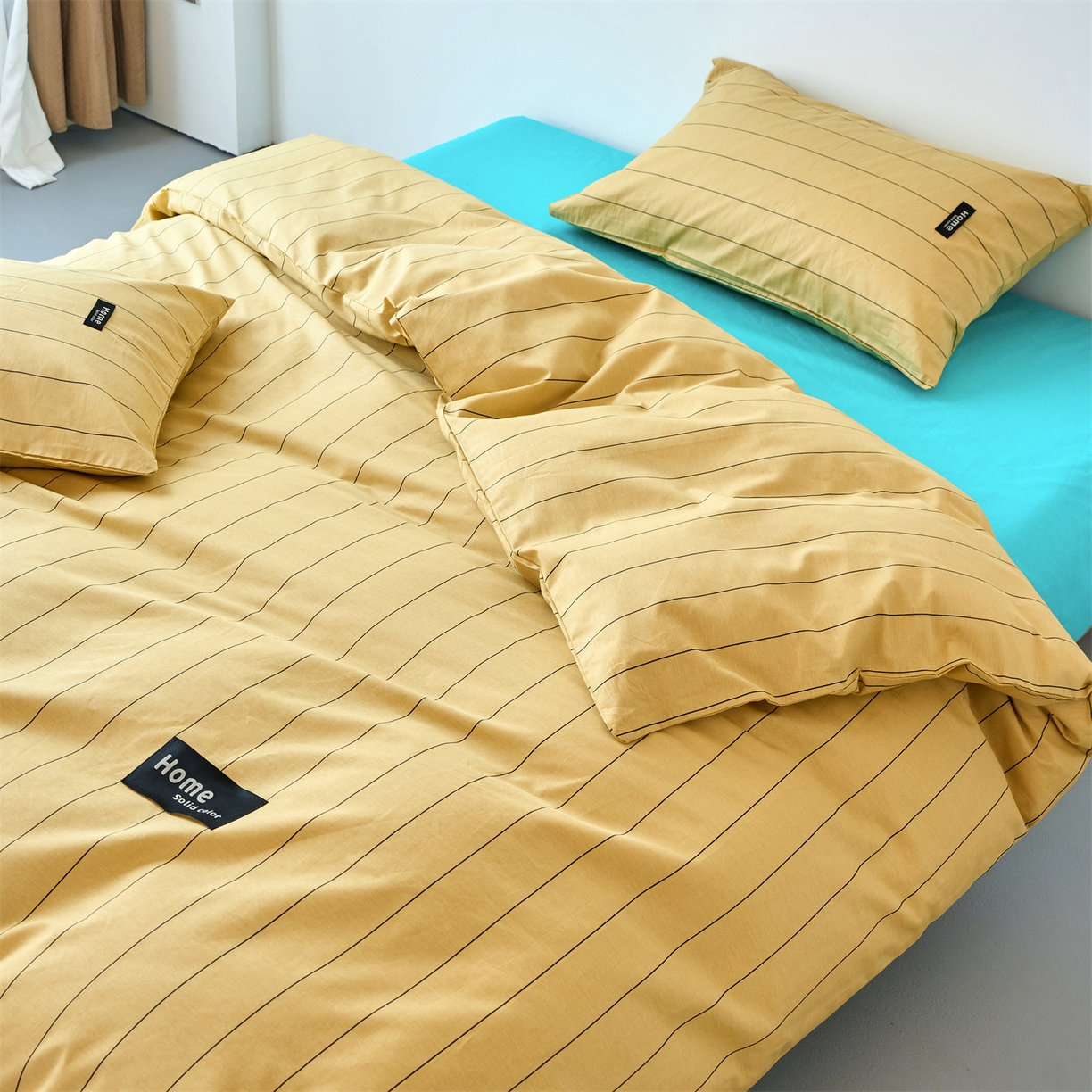 91家纺网 家纺一手货源 找家纺 兰紫橙家纺 2026新款简约风全棉条纹四件套 暖风