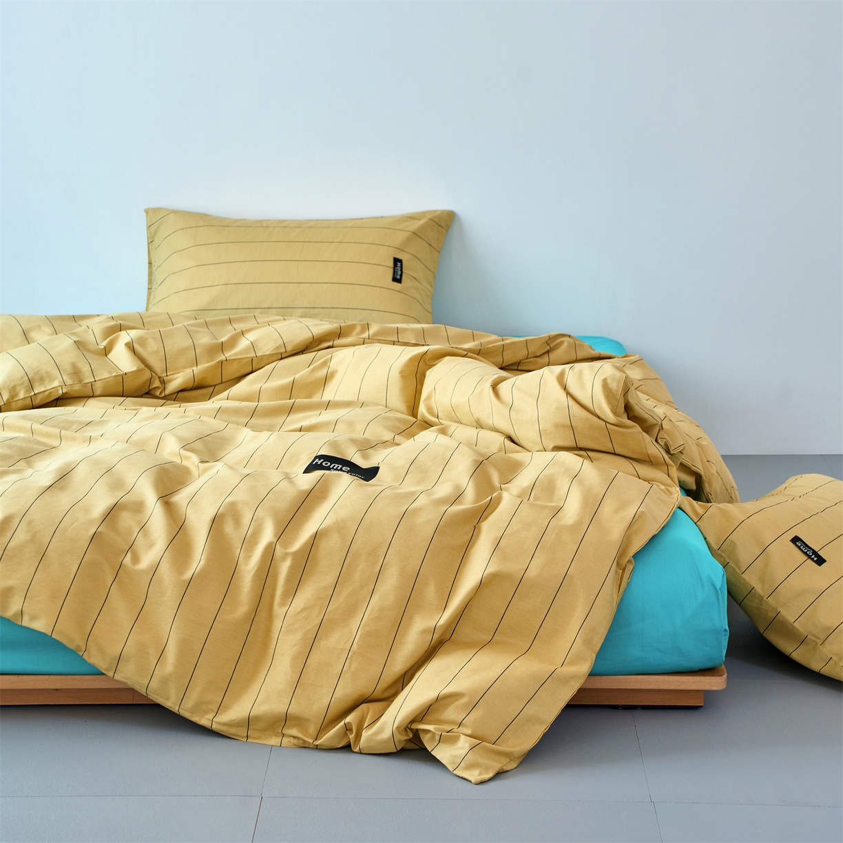 91家纺网 家纺一手货源 找家纺 兰紫橙家纺 2026新款简约风全棉条纹四件套 暖风