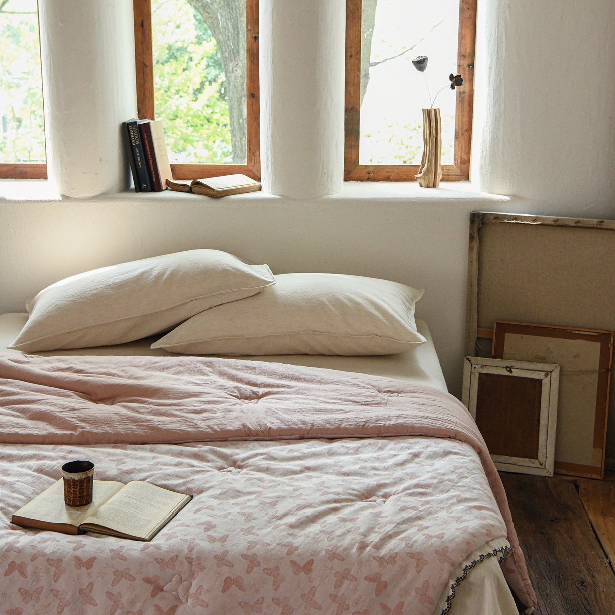 91家纺网 家纺一手货源 找家纺 （总）松色家居 2026新款棉麻水洗色织四件套被芯系列-远黛-粉