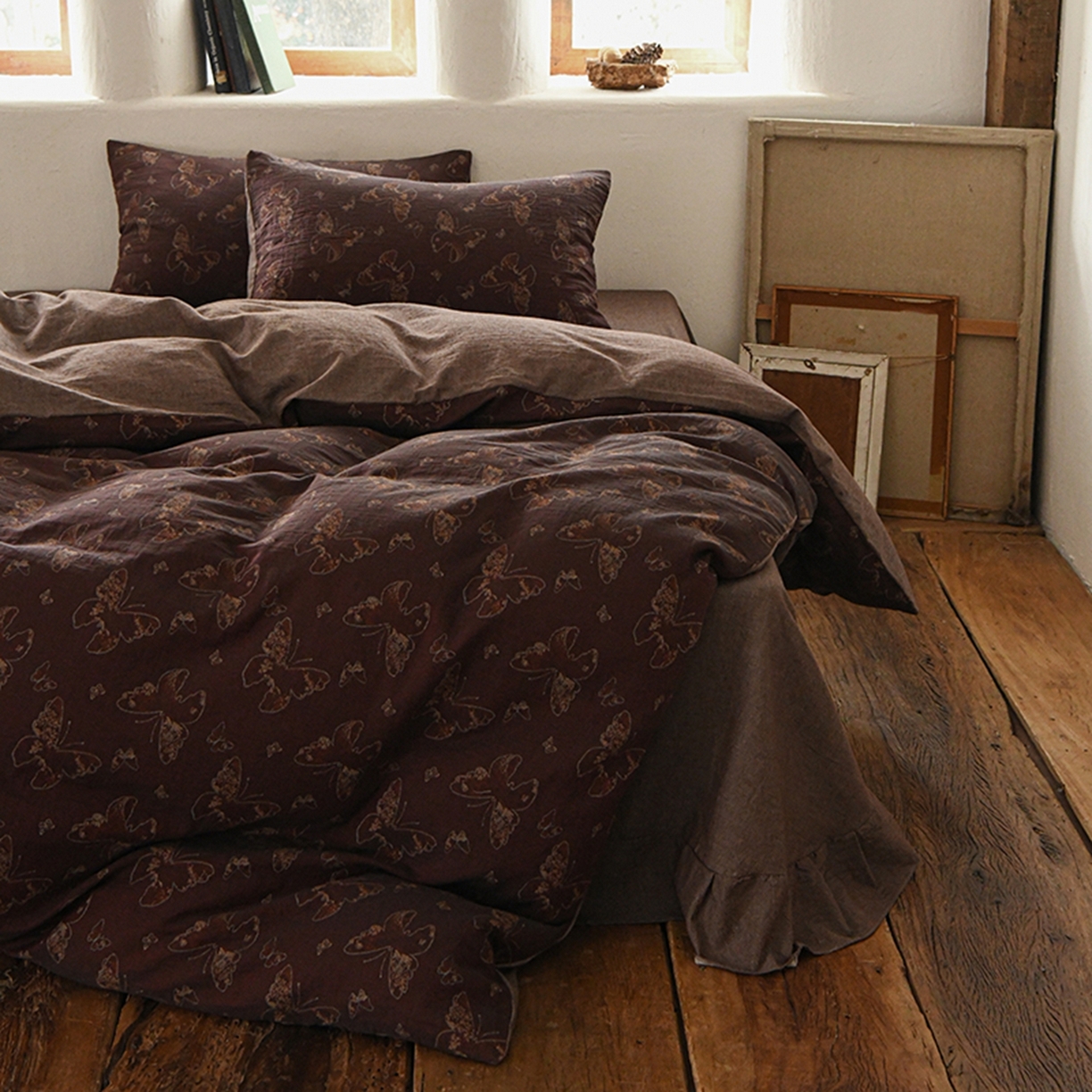 91家纺网 家纺一手货源 找家纺 （总）松色家居 2026新款棉麻水洗色织四件套系列-蝶影幽栖-咖