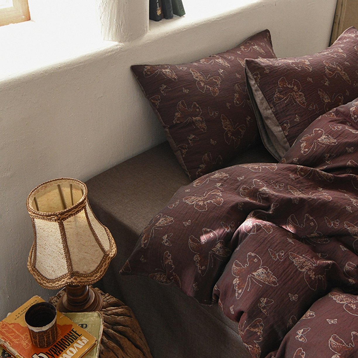 91家纺网 家纺一手货源 找家纺 （总）松色家居 2026新款棉麻水洗色织四件套系列-蝶影幽栖-咖